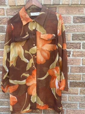 Vtg Piace’re Brown Floral Button-Down Shirt - Orange & Cream Bloom size medium